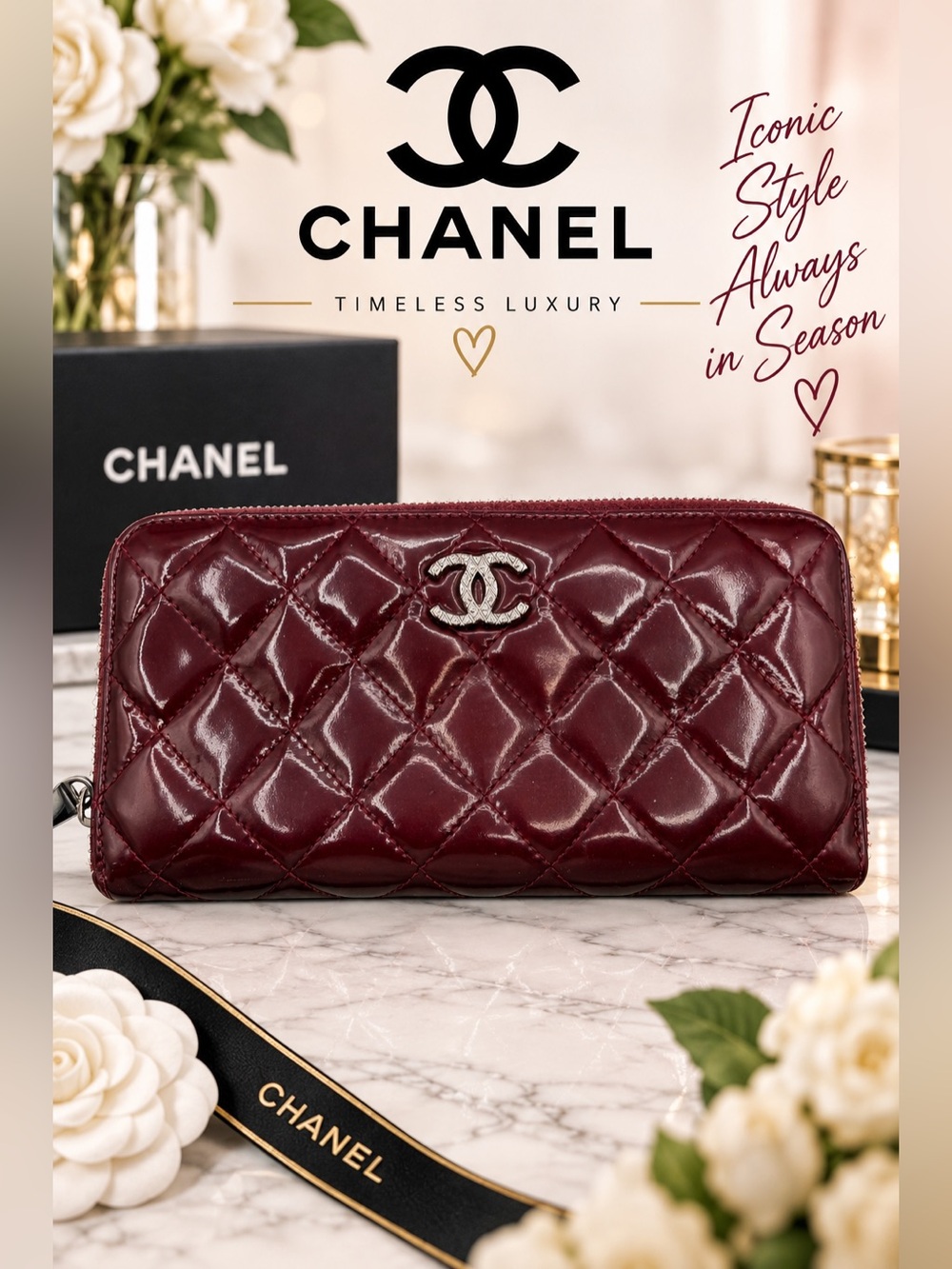 CHANEL Quilted Burgundy Patent Leather Zip Around Wallet